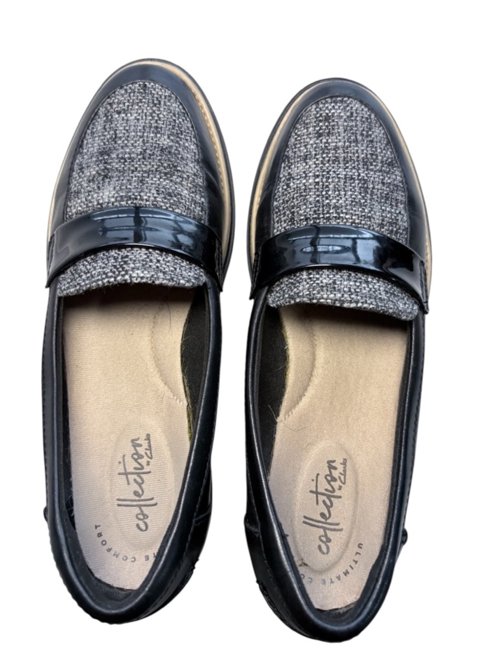Clarks Collection Women’s Tweed Patent Leather Slip-On Loafers Black Gray Sz 6.5